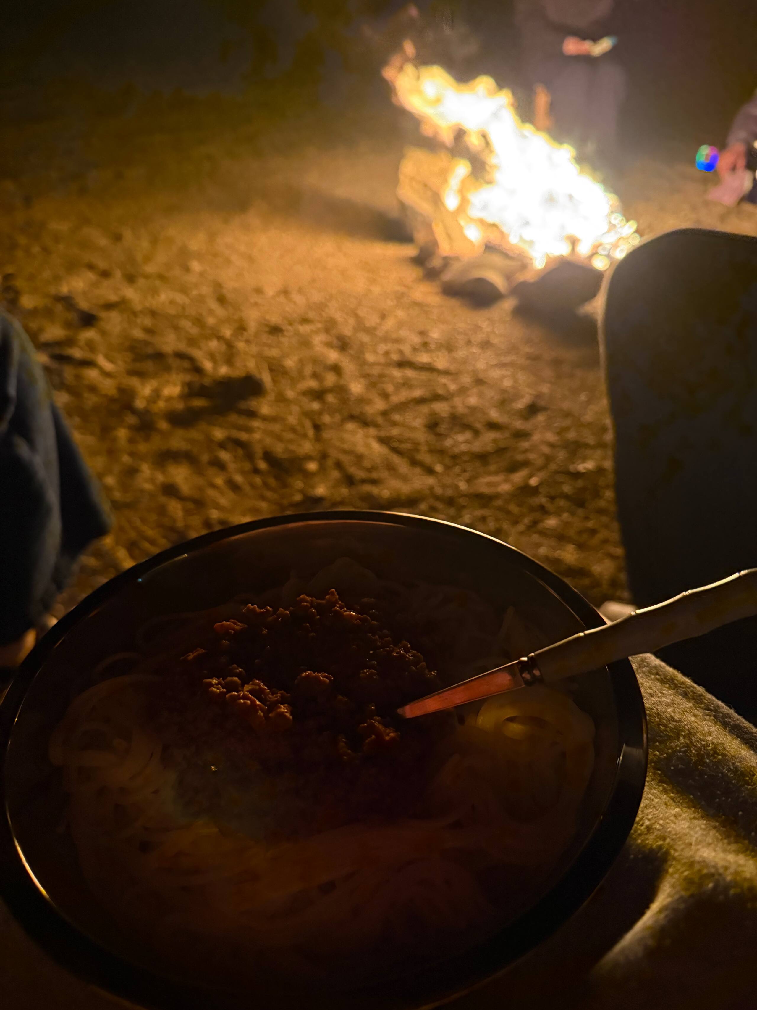 Campfire dinner and traditional Mongolian cooking in Gobi Desert at night